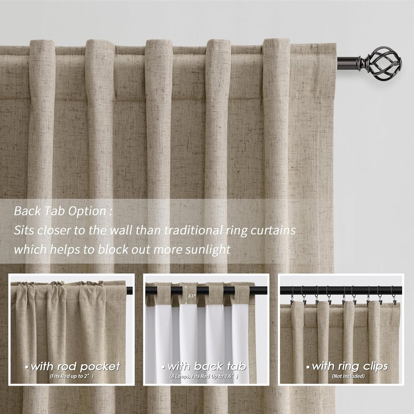 BOODII Room Darkening Curtains Khaki Black Out Curtains 96 Inches Long 2 Panel Set Back Tab Neutral Linen Curtain for Sliding Door Modern Farmhouse Living Room Blackout Drapes Soundproof 52x96