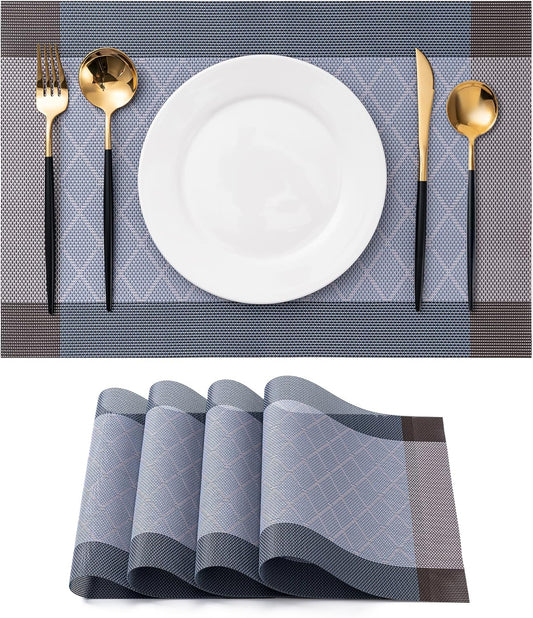 CADONO Placemats Set of 4 Washable Indoor/Outdoor Vinyl Place Mats for Dining Table Durable Non-Slip Heat Resistant PVC Weave Table Mats（Rhombus-Blue）