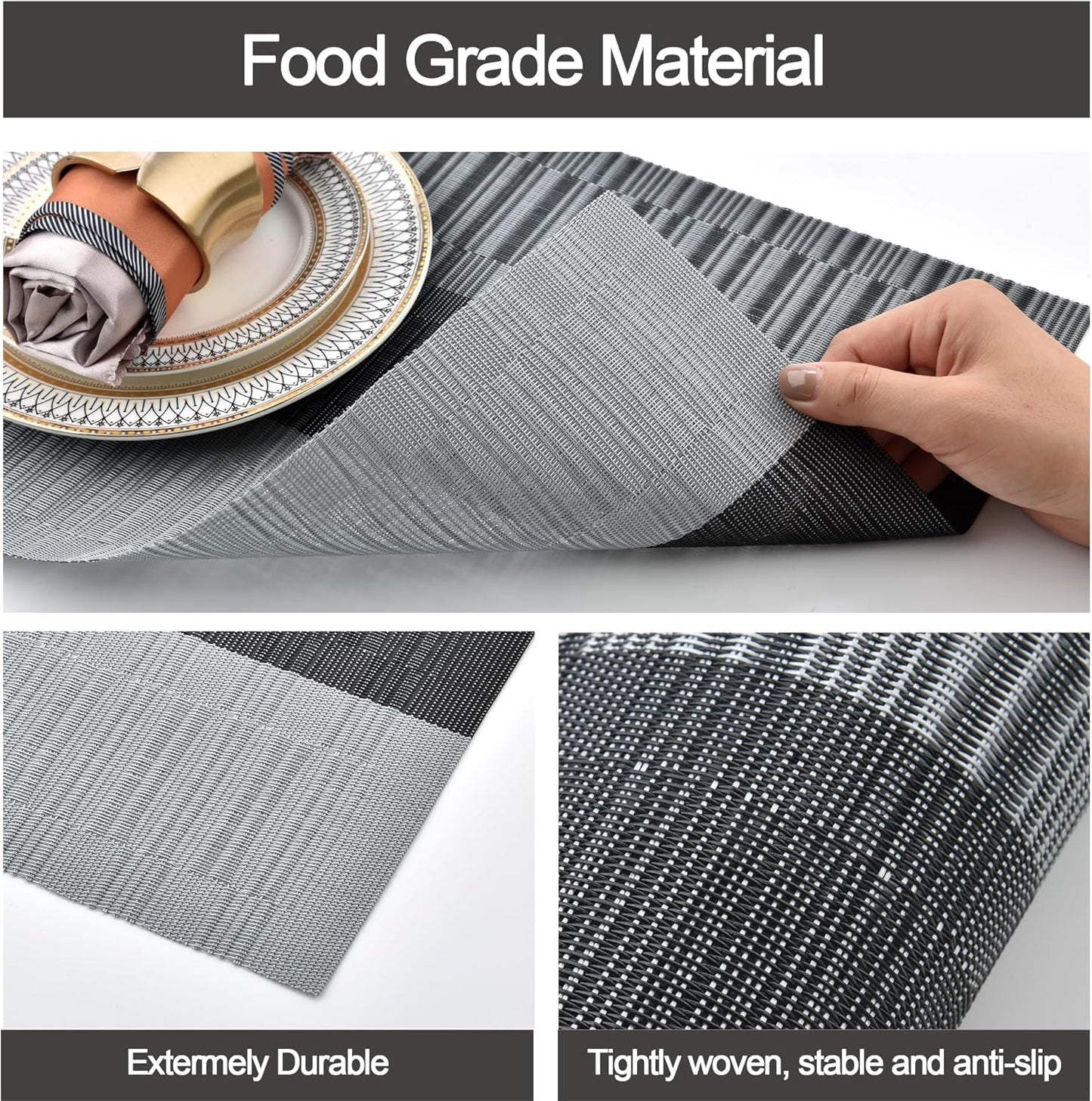 Placemats Set of 6 - Easy Clean Washable Vinyl Placemats - Heat Resistant PVC Place Mats for Dining Table (Black and Gray, 6)