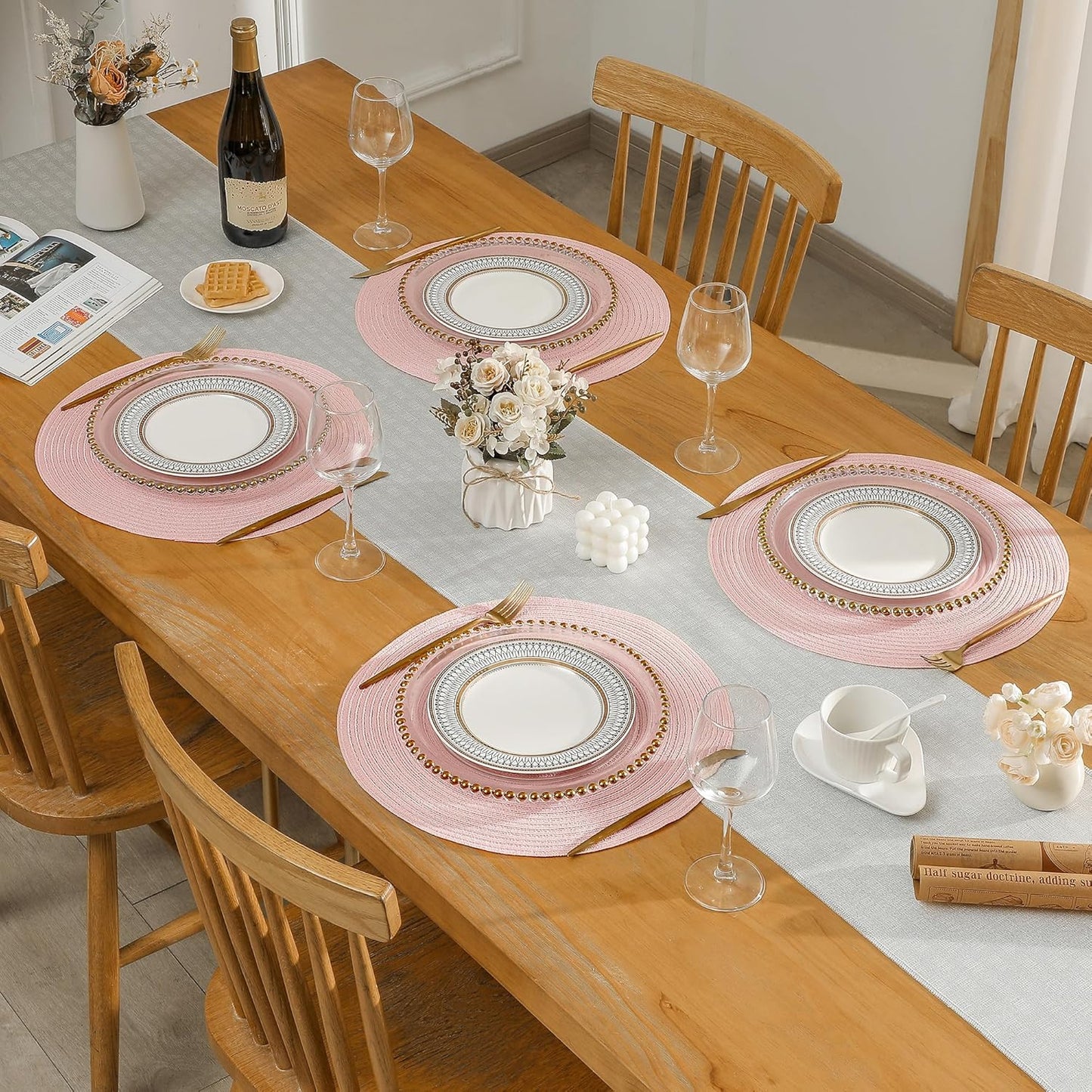 Leetaltree Round Placemats Heat and Slip Resistant Cotton Table Mats, Washable Bohemian Placemats for Dining Tables (Pink, Set of 12)