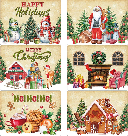 Christmas Placemats Set of 6 Retro Christmas Plastic Table Place Mats Merry Christmas Dining Mats Washable Xmas Holiday Rustic Vintage Table Decoration for Indoor Outdoor Christmas Party Dining Table