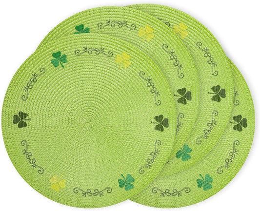Whaline 4Pcs Round St. Patrick's Day Placemats Embroidered Shamrock Place Mats Green Clover Dinner Table Mats for Home Spring Irish Holiday Birthday Party Decor