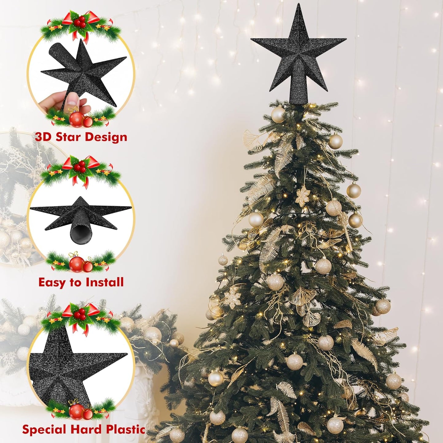 Tree Topper Star, 6" Black Christmas Tree Topper Accessories, Xmas Glitter 3D Bethlehem Star Tree Topper Ornament, Waterproof Holiday Christmas Tree Topper Decor for Home Indoor Outdoor