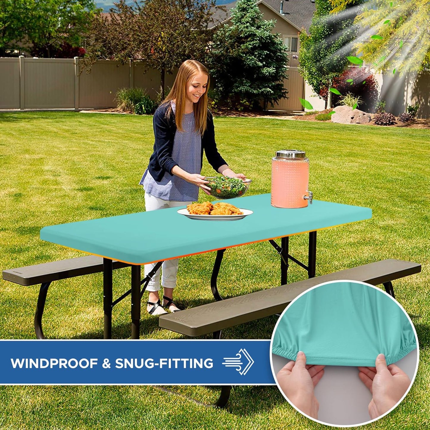 Spandex Table Cover for 6 Foot Rectangle Tables-4 Pack Aqua Blue Outdoor Picnic Elastic Table Cover-Spandex Stretch Folding Table Cloths for Camping Dining Room Patio Kitchen Banquet Party