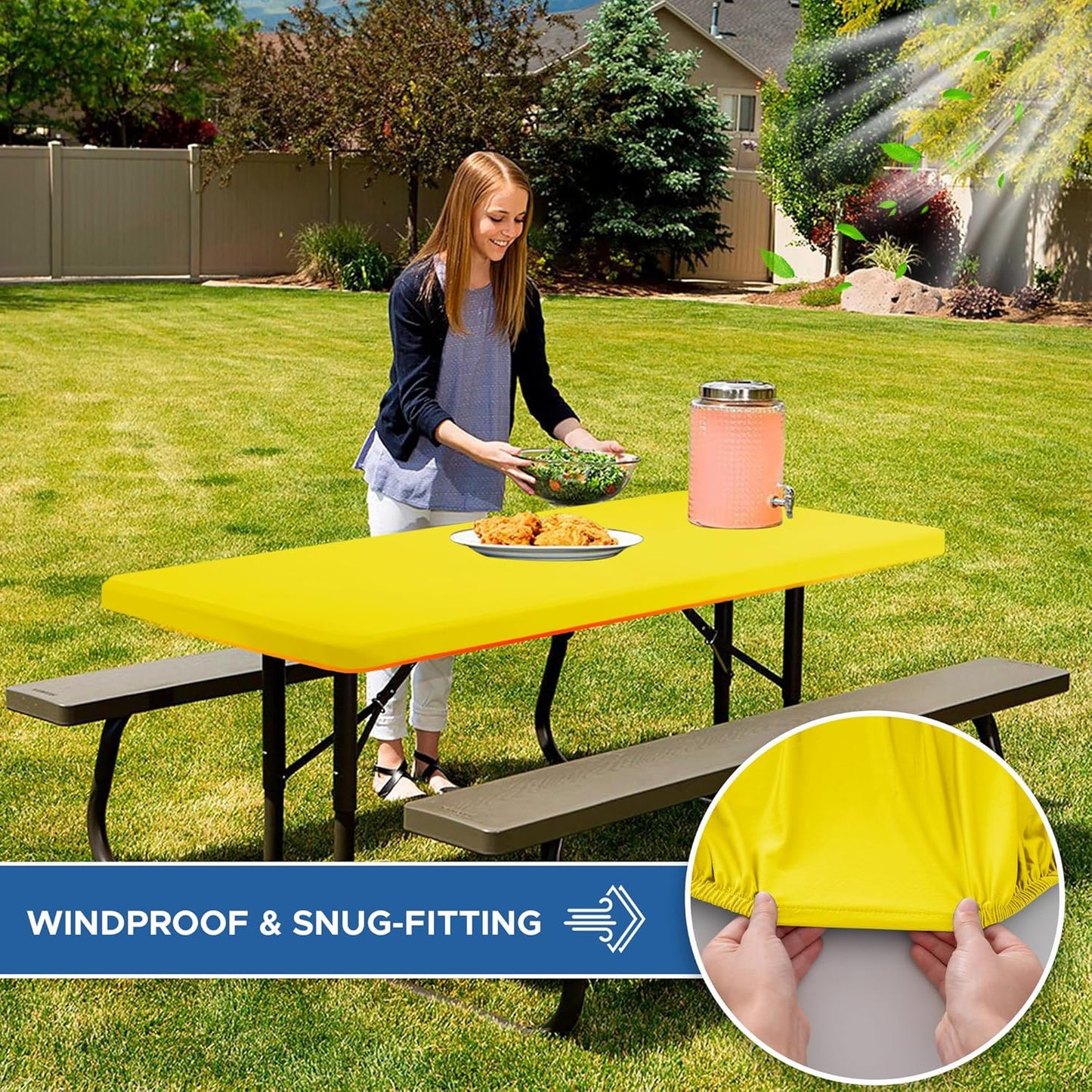 Fitted Tablecloth for 8 Foot Rectangle Tables-4 Pack Yellow Elastic Outdoor Picnic Table Cover-Spandex Stretch Folding Table Cloths 8ft for Camping Dining Room Patio Kitchen Banquet Party