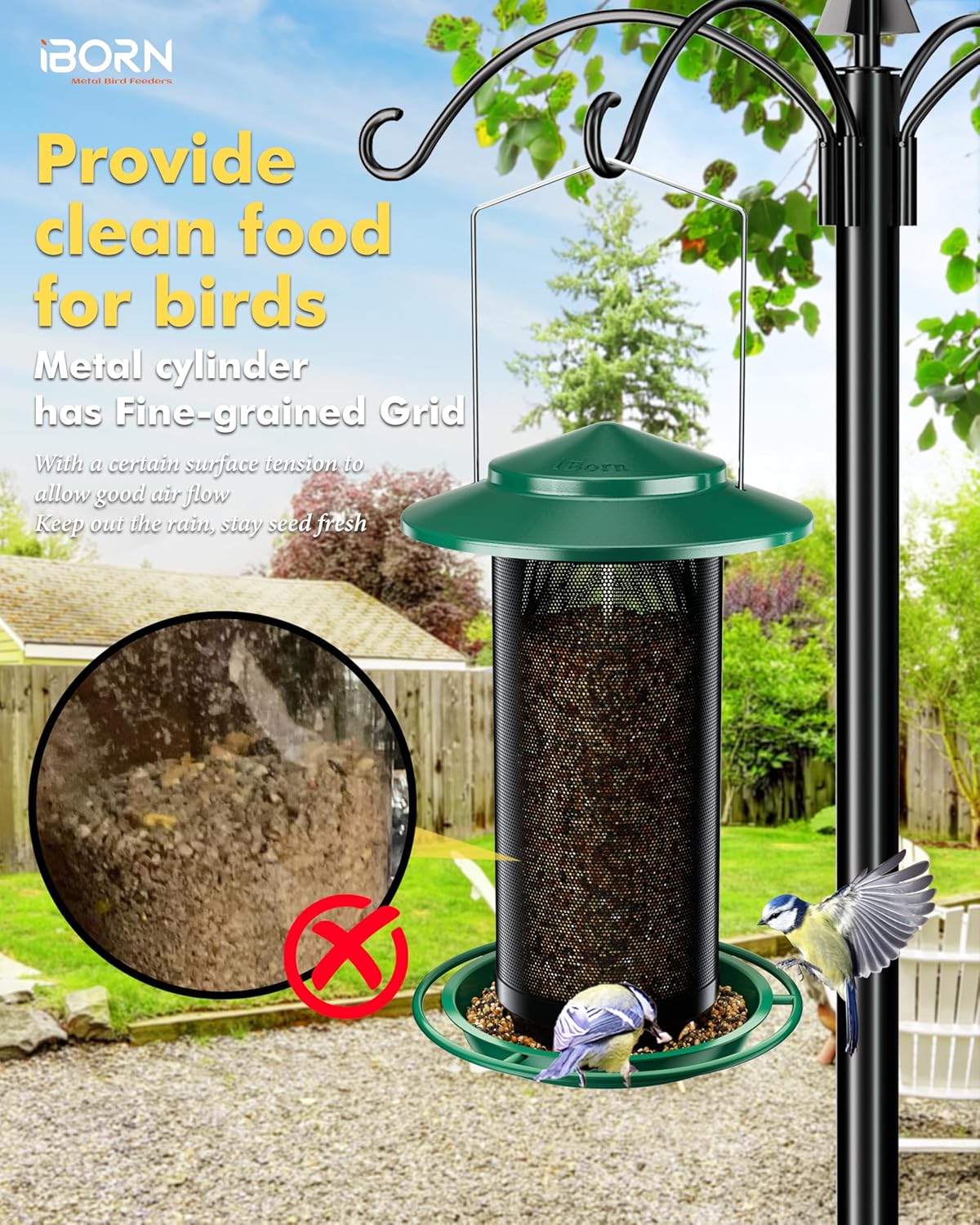 iBorn Bird Feeders for Outdoors, All Metal Mesh Tube, Holding Bird Seed for Outside Feeders,18cm Large Roof, Green, 2.8lb(Seed is not Included)