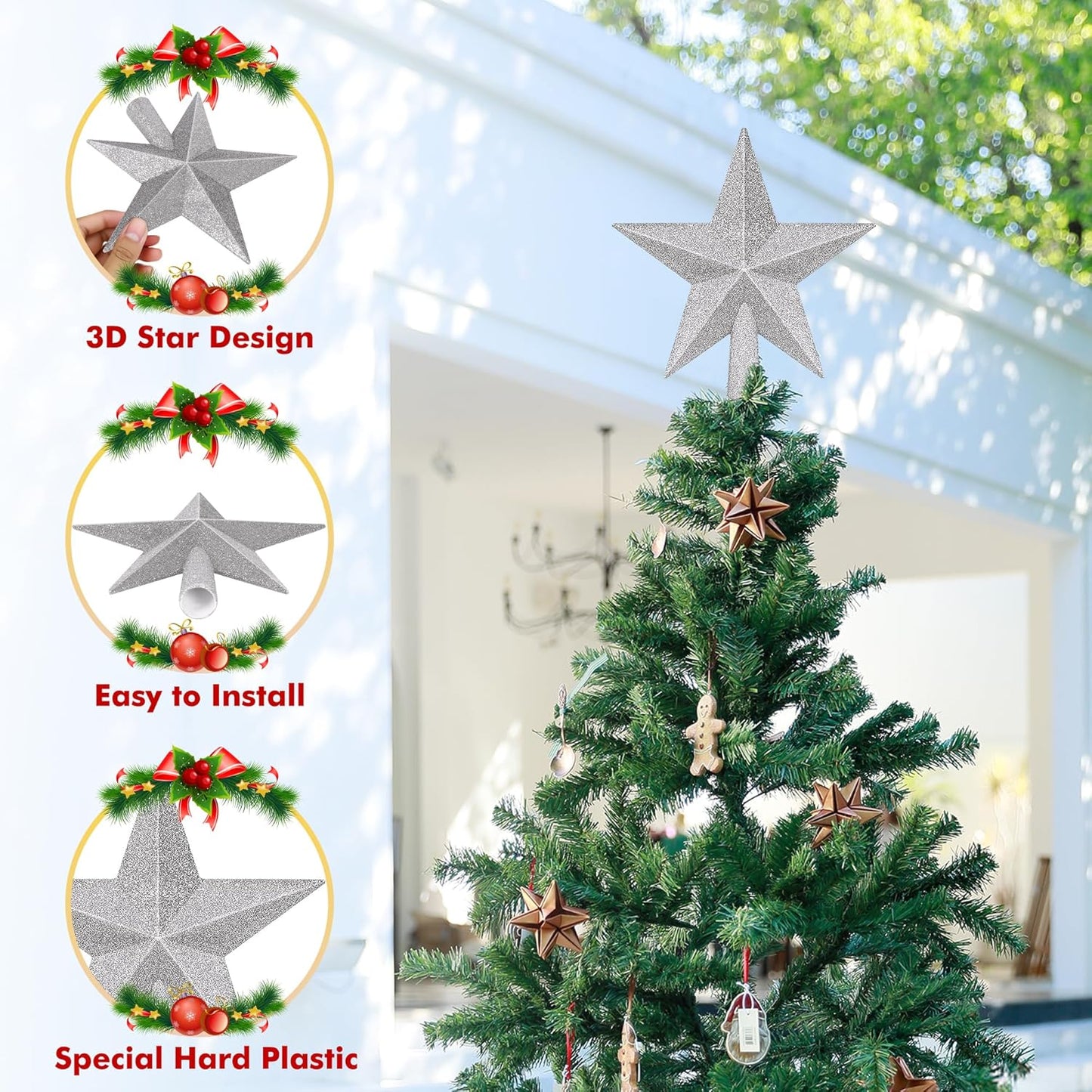 Tree Topper Star, 8" Silver Christmas Tree Topper with Glitter, 3D Bethlehem Star Xmas Tree Topper Decorations, Waterproof Shatter-Proof Tree Decoration for Christmas Holiday Home Indoor and Outdoor