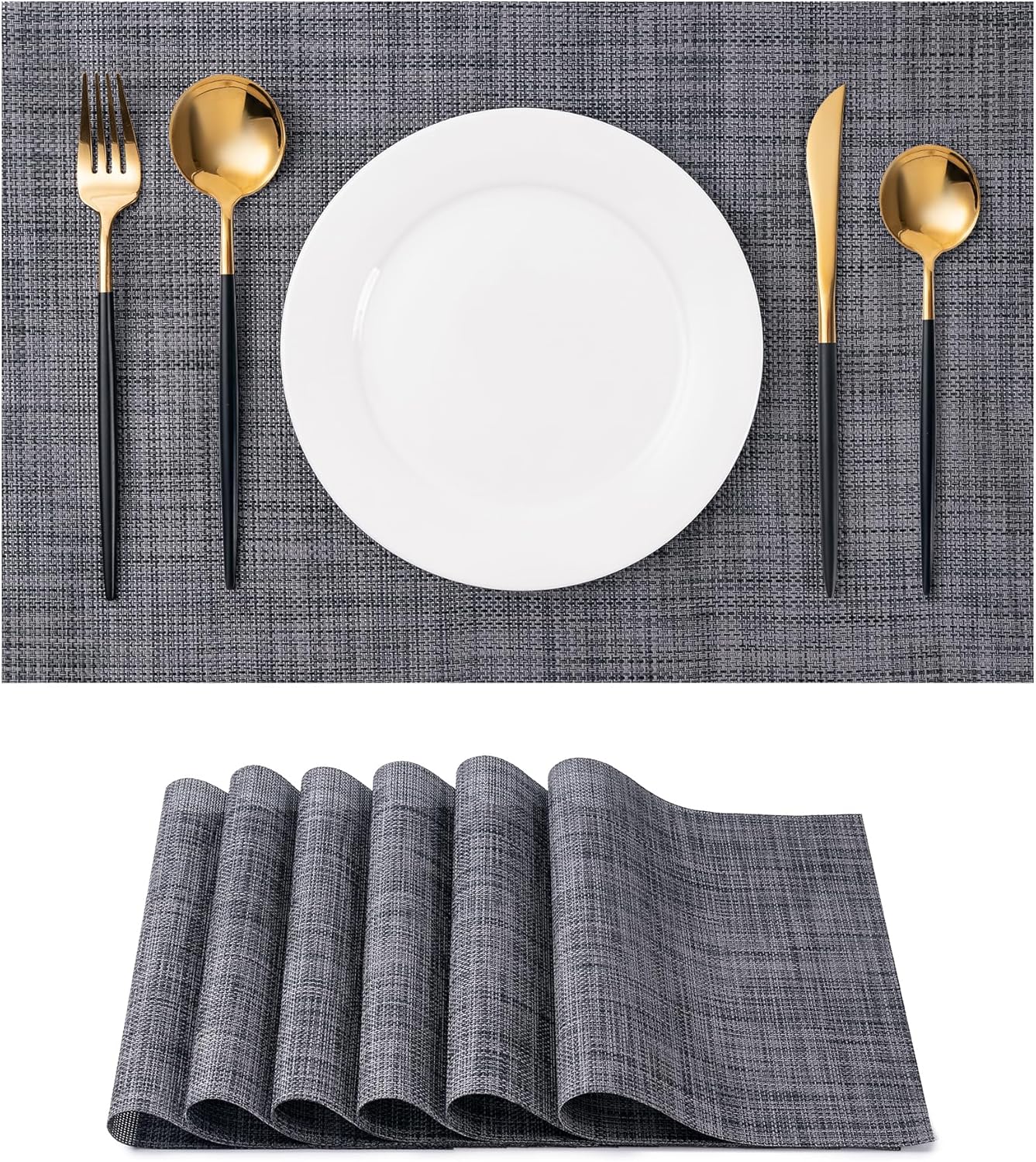 Placemats Set of 6 Washable Indoor/Outdoor Vinyl Place Mats for Dining Table Durable Non-Slip Heat Resistant PVC Weave Table Mats(Black)