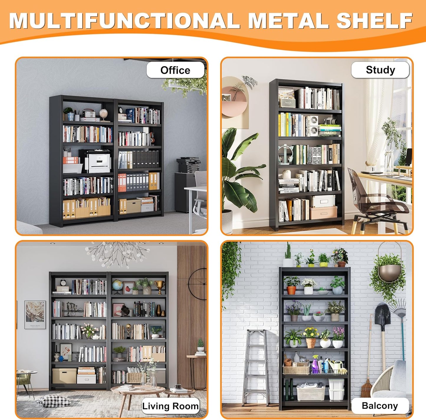 5 Tier Book Shelf, Metal Bookshelf, 69.3” Tall Black Bookcase, Free-Standing Industrial Bookshelves, Tools-Free Assembly Book Storage Organizer for Bedroom, Living Room, Office (Black)