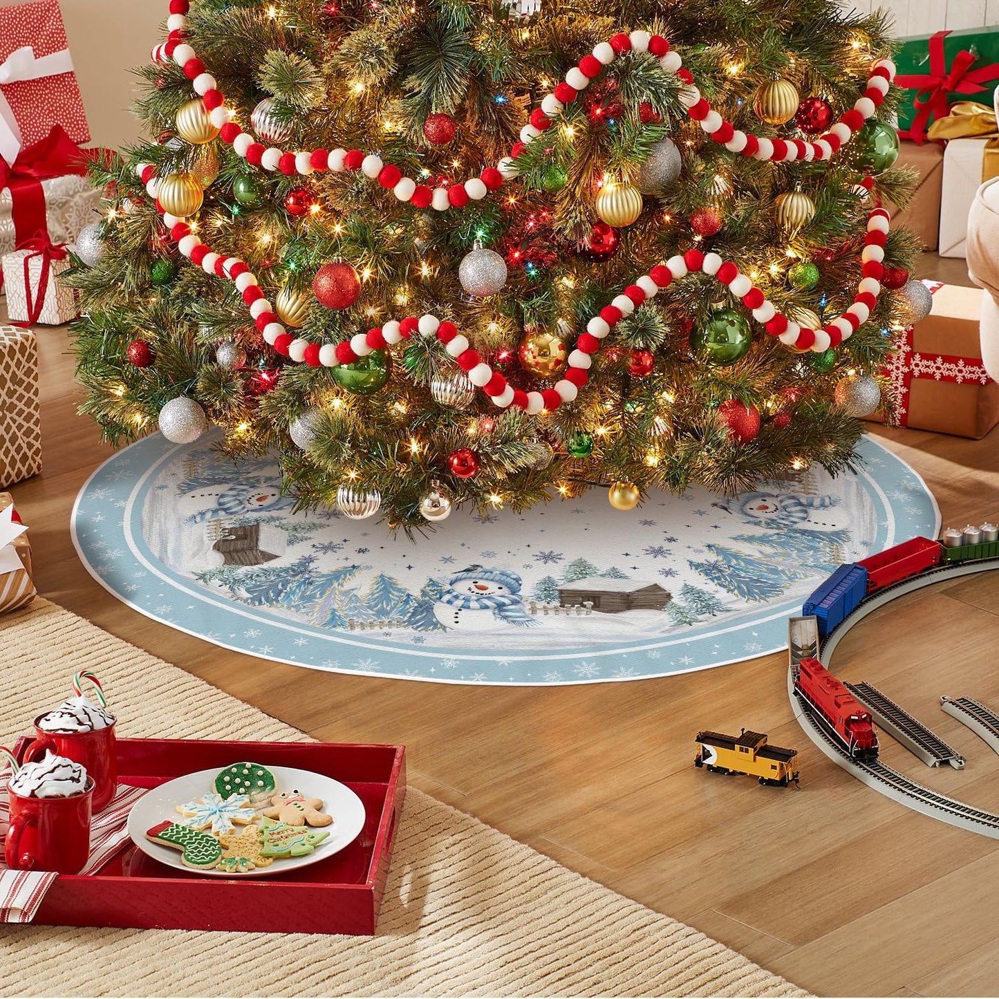 AVOIN colorlife Snowflake Snowman Cardinal Christmas Tree Skirt 48 Inch, Winter Holiday Tree Mat Decoration