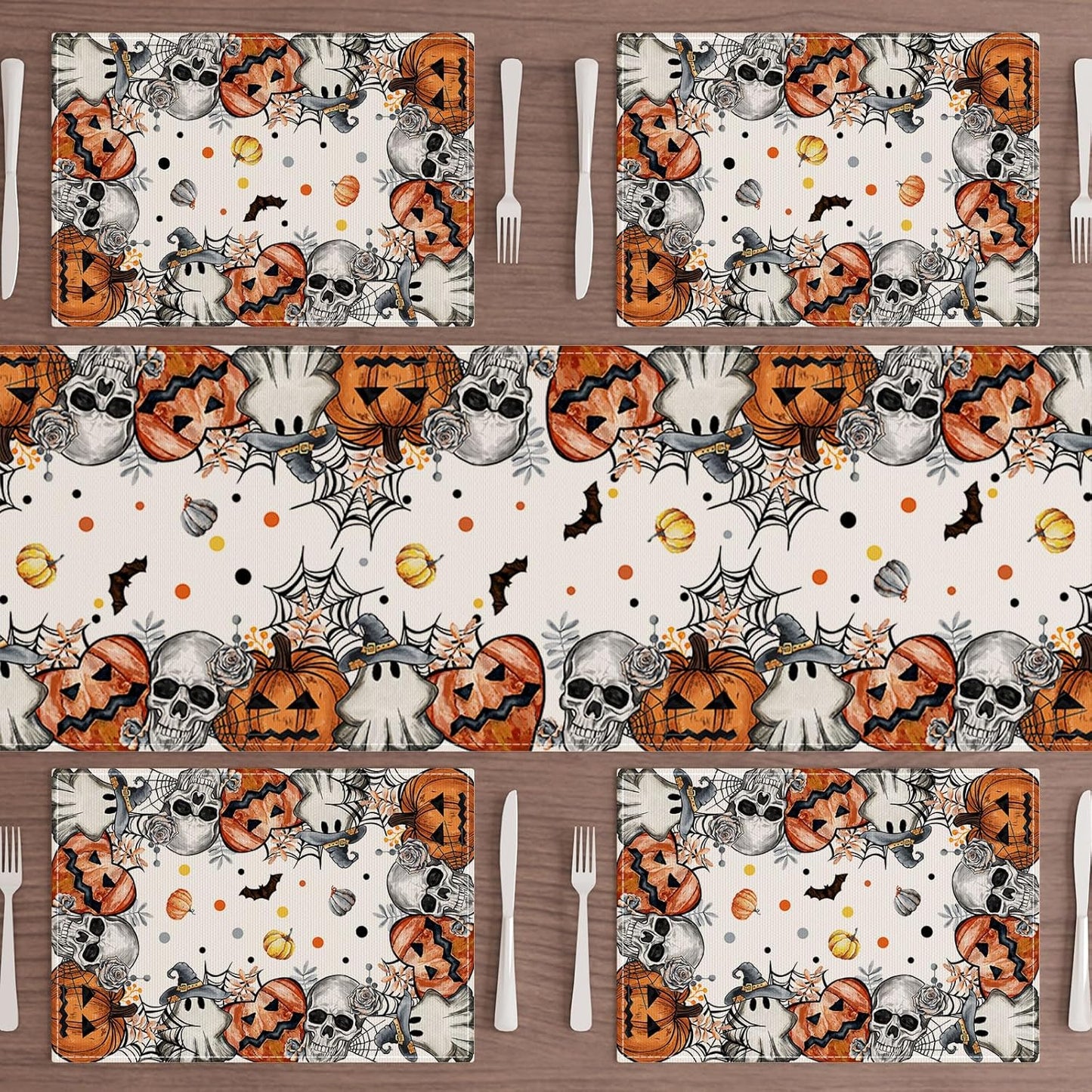 XCHI Spooky Skeleton Ghost Pumpkin Halloween Placemats Set of 4 Table Mats for Party Home Kitchen Dining Table Decorations 12x18 Inch