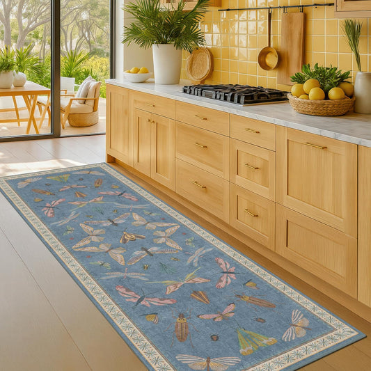 Boho Non Slip Kitchen Rug Runner - 2x6 Blue Washable Rug for Bathroom, Laundry Room, Hallway, Non Slip with Rubber Backing, Insect Print Unique Runner