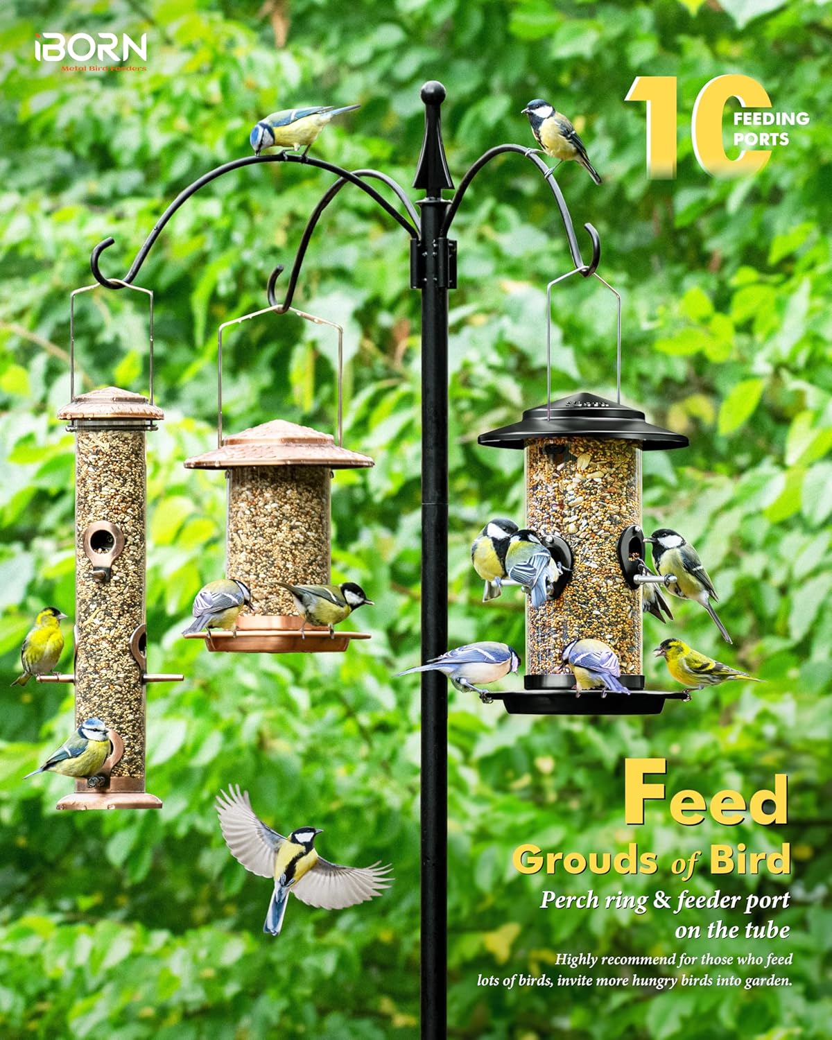 iBorn Metal Bird Feeder for Outside Hanging,Wild Bird Feeders for Cardinal,18cm Large Roof&Tray Black 10 Port(Seed is not Included)