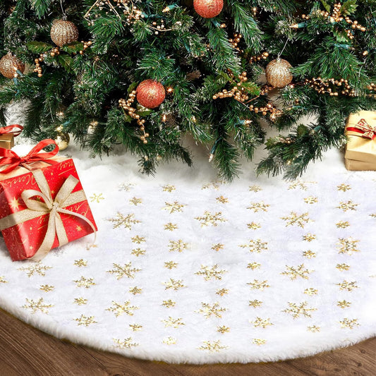 Christmas Tree Skirt 48Inch, Holiday Part Decorations for Christmas Tree, Whit Plush Glod Sequin Snowflake Tree Shirt for Xmas
