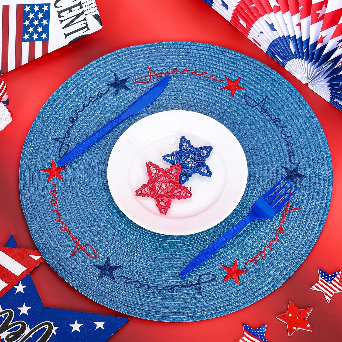 Whaline 4Pcs Round Independence Day Placemats Patriotic Stars Embroidered Place Mats 4th of July Dinner Table Mats for Home Holiday Birthday Party Decor
