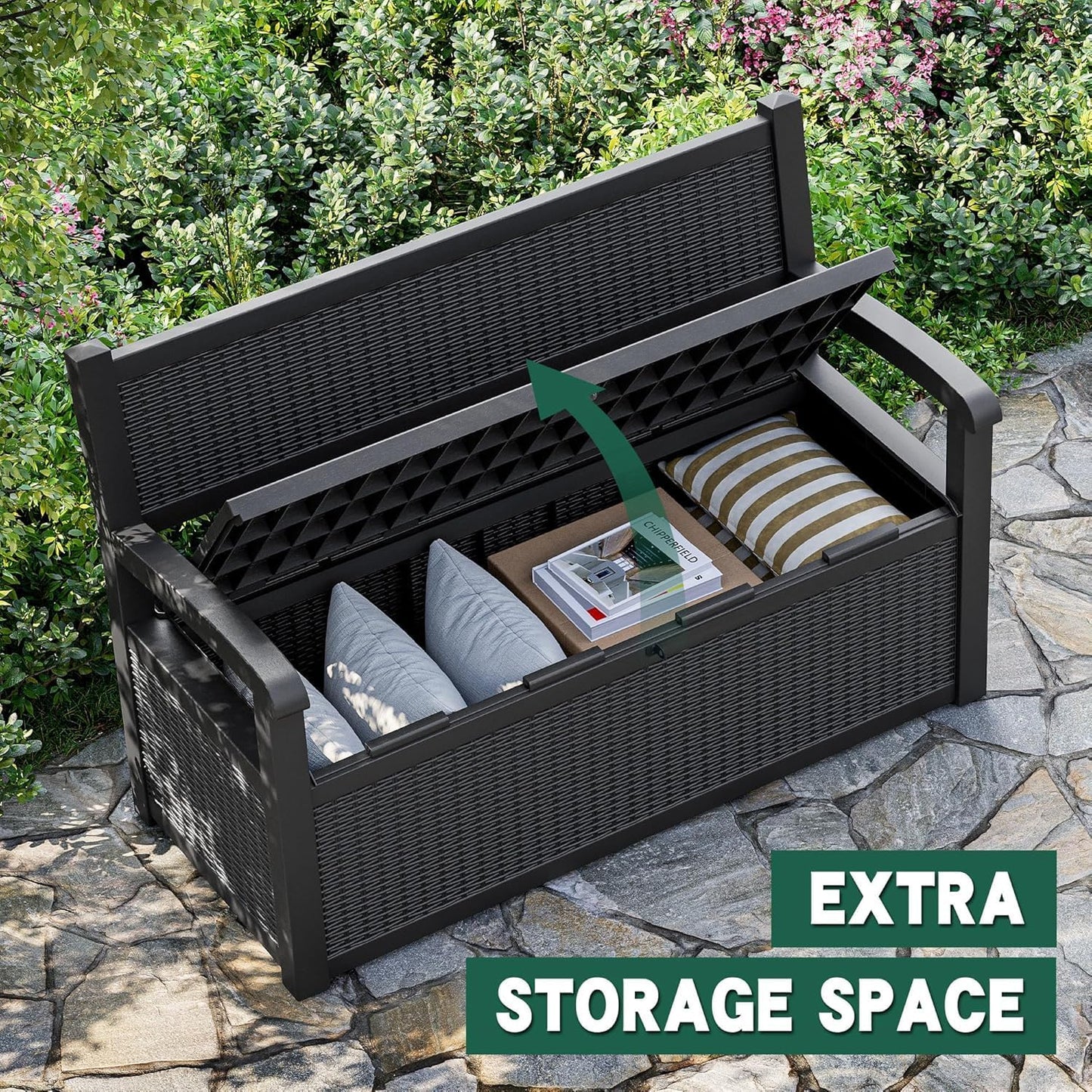 70 Gallon Lockable Outdoor Storage Bench Waterproof, Deck Box Bench for Patio, Porch, Garden, Poolside, Stores Tools & Pool Supplies, Heavy-Duty Outdoor Bench with Storage, Black