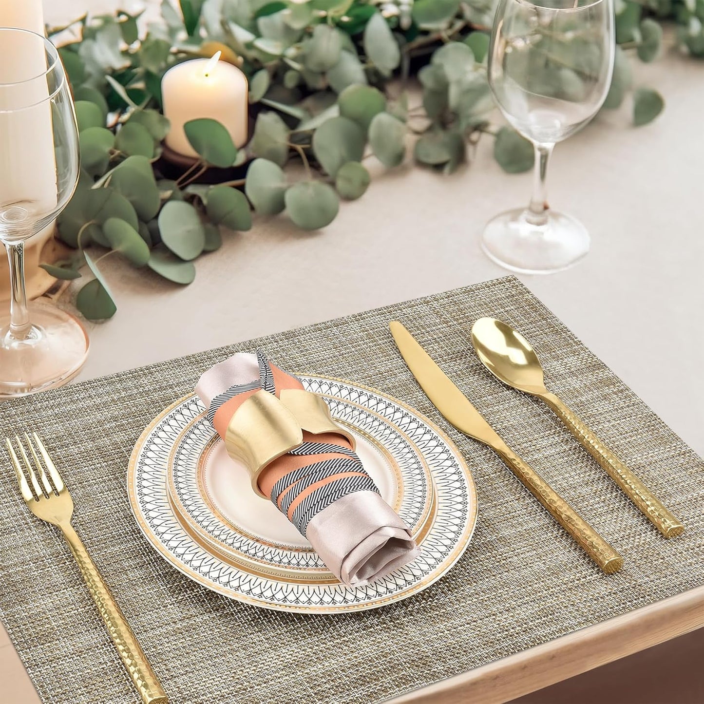 Placemats Set of 4 - Easy Clean Washable Vinyl Placemats - Wipeable Heat Resistant Table Mats for Dining Table - 17.7x11.8 Inch (4, Gray & Gold Two-Tone)