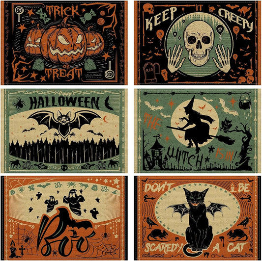 Umigy 6 Pcs Halloween Placemats 12"x18" Gothic Bat Placemats Kitchen Decoration Washable Witch Place Mats Rectangle Skull Table Mats for Halloween Dining Table Accessories(Scary)