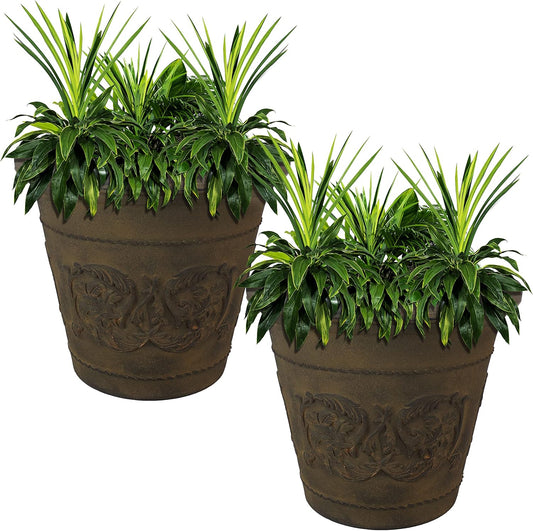 Sunnydaze 19.5-Inch Arabella Large Plant Pot - Polyresin Round Outdoor Planter with Drillable Drainage Holes - 2 Pack - Sable