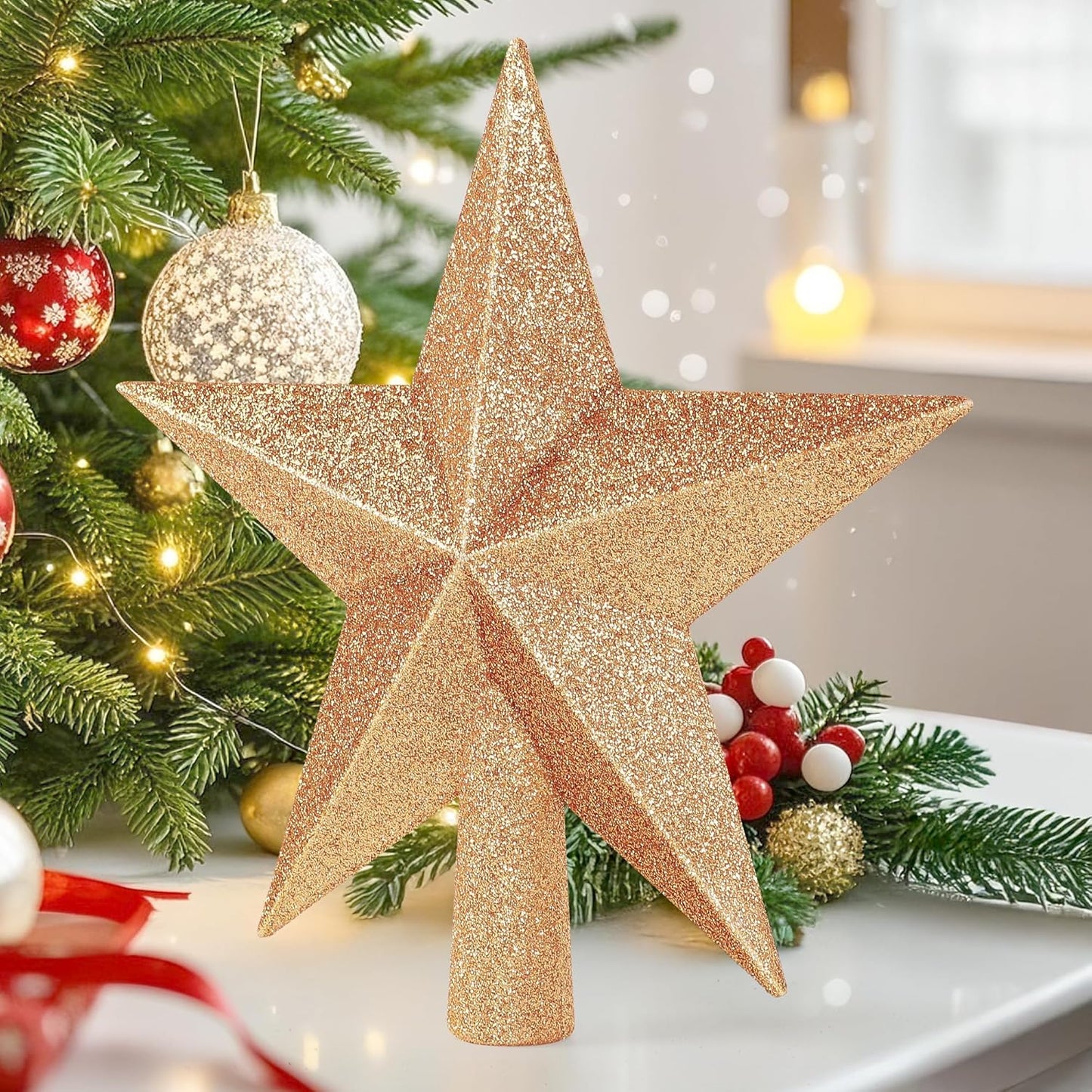 Christmas Tree Star Topper, 8" Champagne Xmas Star Tree Decorations, 3D Shatterproof Bethlehem Star Tree Topper Decorations, Waterproof Xmas Tree Topper Decor for Christmas Home Outdoor Ornament