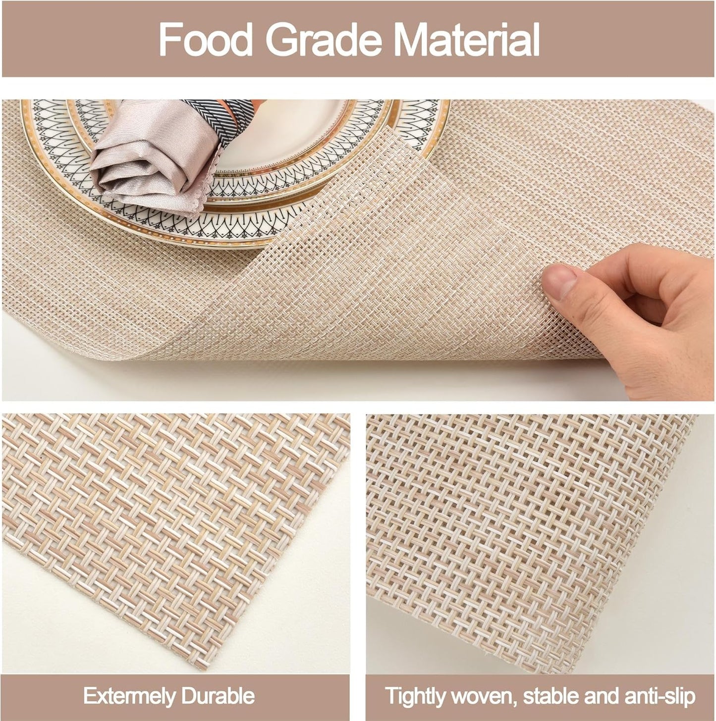 Placemats Set of 8 - Easy Clean Washable Vinyl Placemats - Wipeable Heat Resistant Table Mats for Dining Table - 17.7x11.8 Inch (8, Beige)