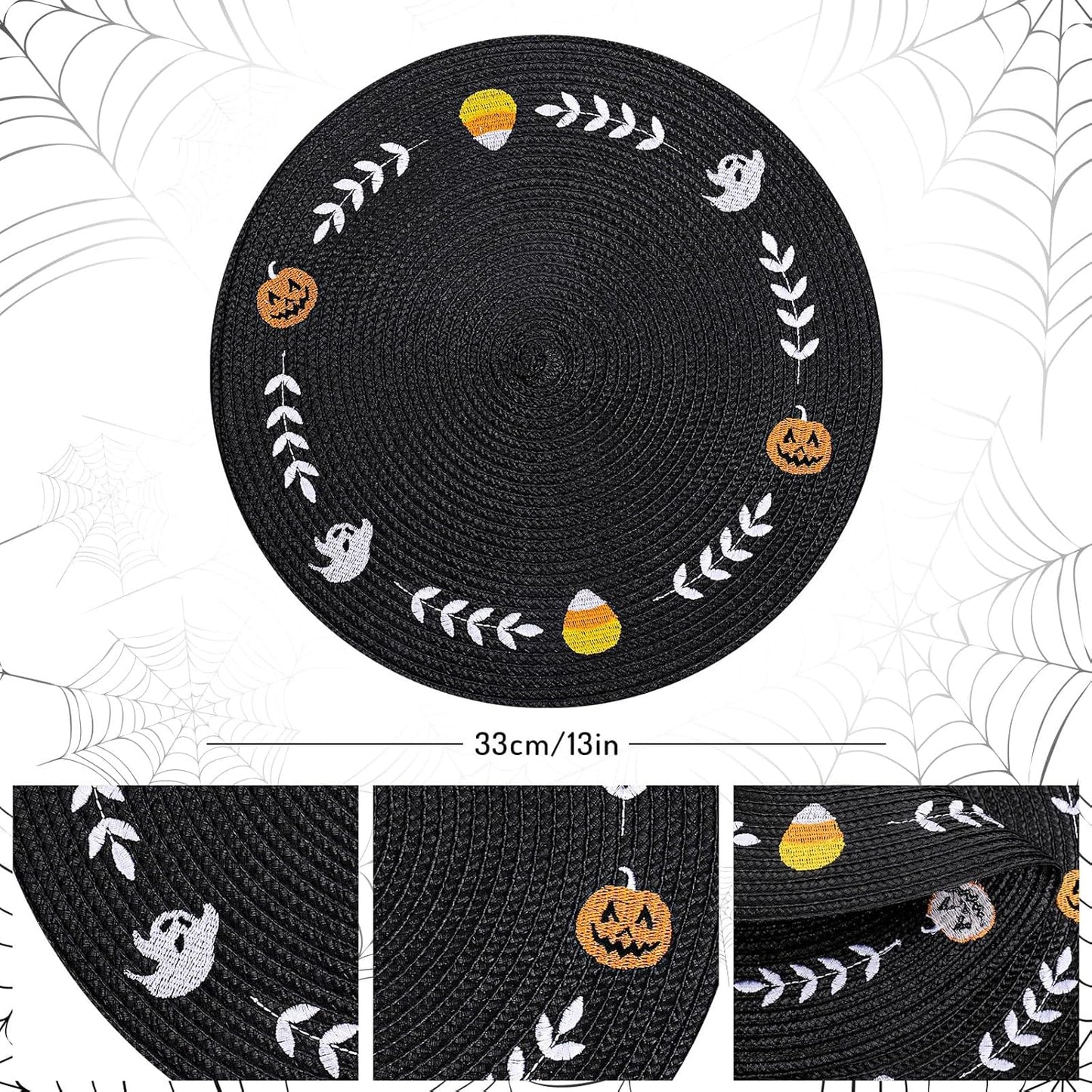 Whaline 4Pcs Round Halloween Placemats Embroidered Ghost Pumpkin Candy Corn Place Mats Black Spooky Dinner Table Mats for Halloween Party Decor