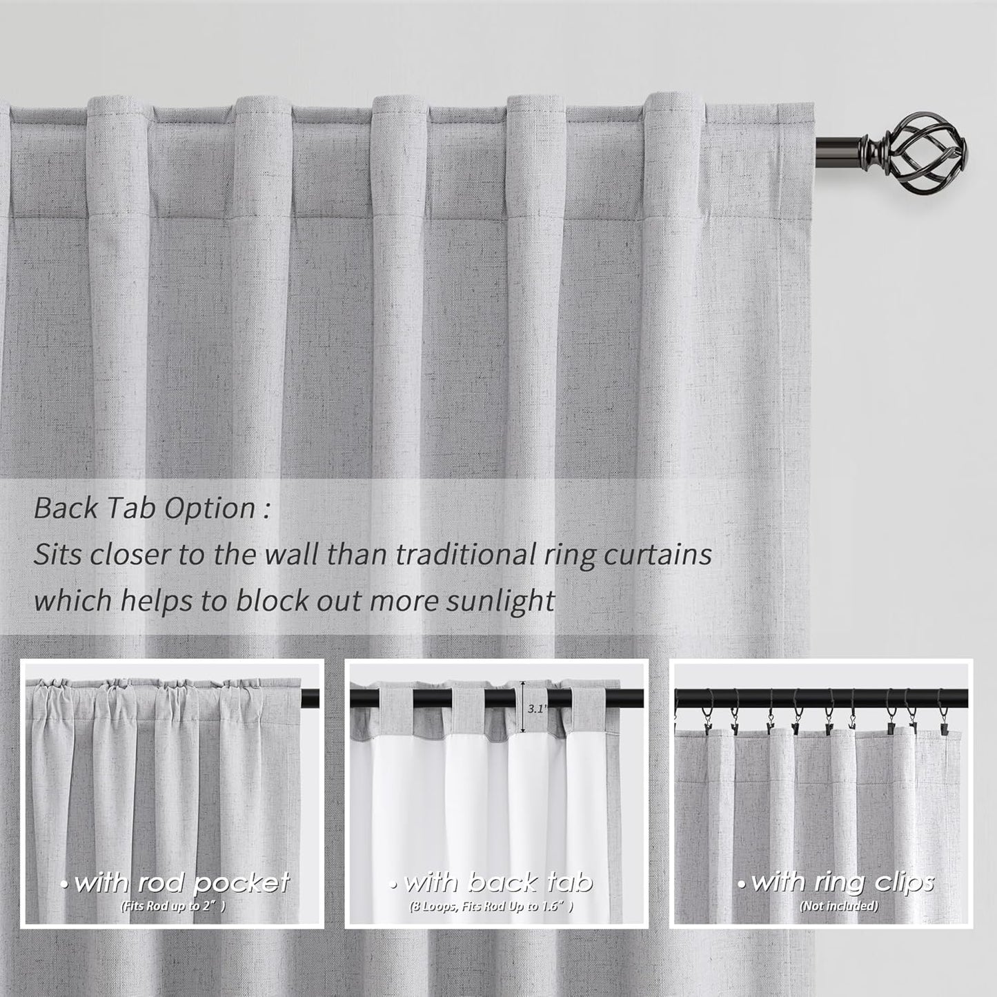 Light Grey Linen Blackout Curtains 72 Inches Long 2 Panels Set Back Tab Rod Pocket 100% Black Out Room Darkening Window Curtains Noise Reducing Gray Linen Textured Modern Heat Blocking Drapes 52x72