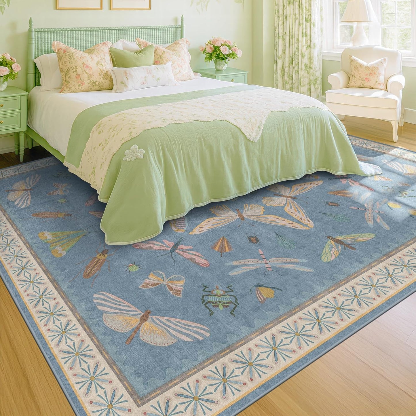 Insect Light Blue Rug for Living Room - 9x12 Cute Rugs for Bedroom, Moth Floral Boho Design, Low Pile Stain Resistant Washable, Perfect for High Traffic Area