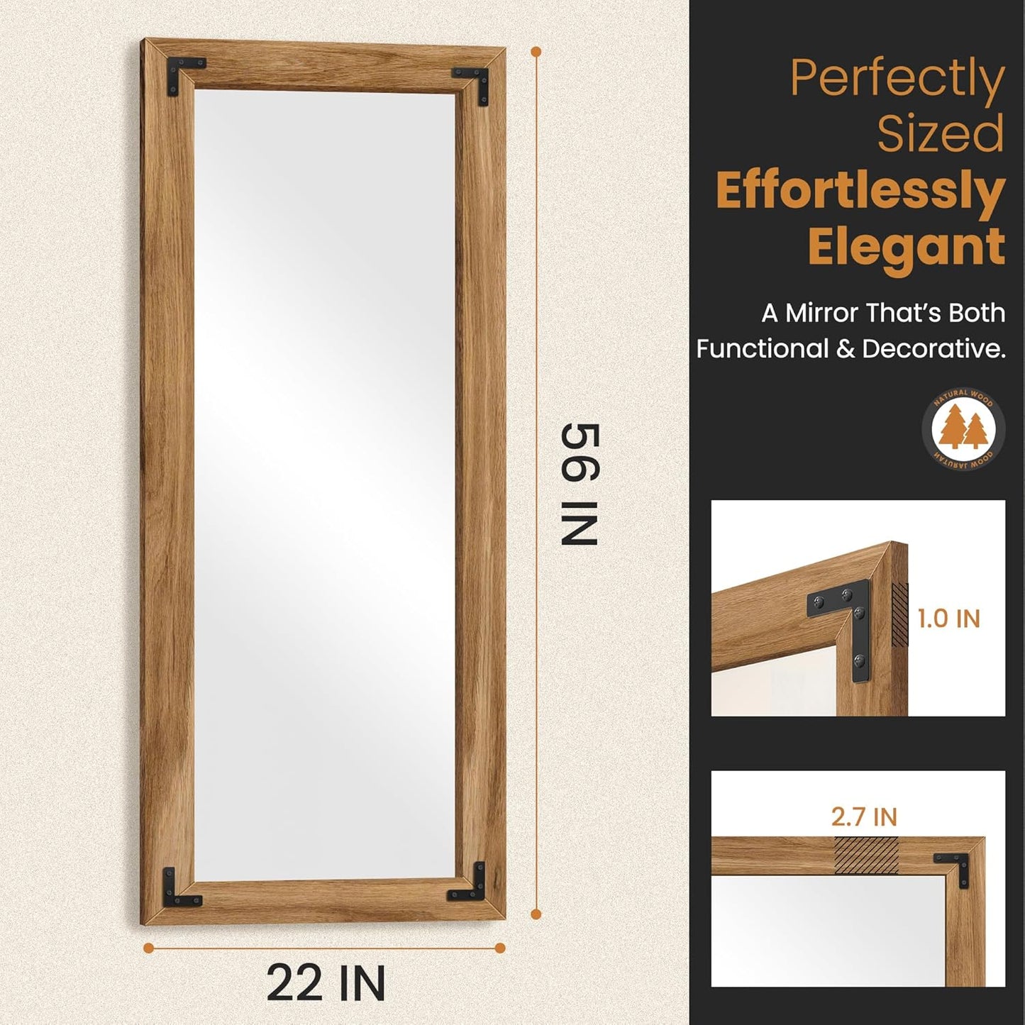 Full Length Mirror with Wooden Frame, 56"X22" Solid Wood Standing Floor Mirror for Farmhouse, Bathroom, Bedroom Decor, Hanging or Leaning Wall-Mounted