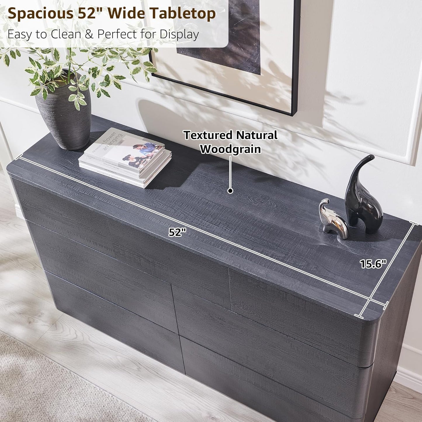Modern 7 Drawer Dresser for Bedroom, 52" Wide Handleless Chest of Drawers, Push-to-Open Large Wood Storage, Dresser TV Stand for Bedroom, Living Room, Hallway, Curved Profile, Black
