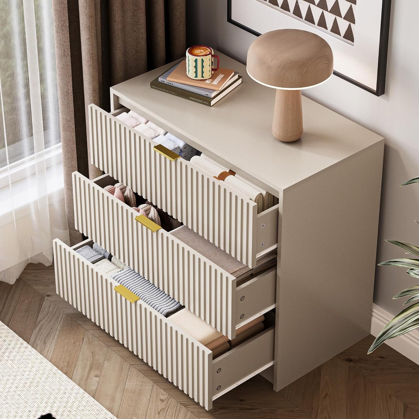 Fluted Dresser for Bedroom, 32 Inch Wide Nightstand with Large Drawer, 3 Drawer End Table for Bedroom, Living Rooms, Offices, and Entryways, Beige