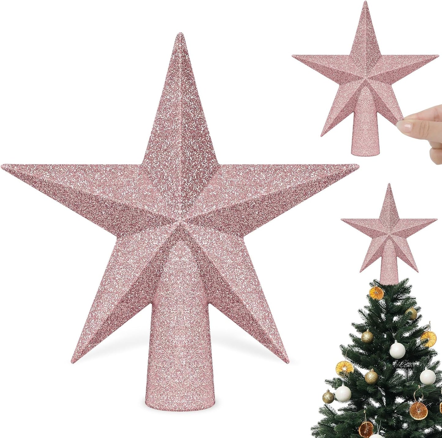 Tree Topper Star, 6" Rose Gold Christmas Star Tree Topper Accessories, Xmas Glitter 3D Bethlehem Tree Topper Ornament, Waterproof Holiday Christmas Tree Topper Star Decor for Home Indoor Outdoor