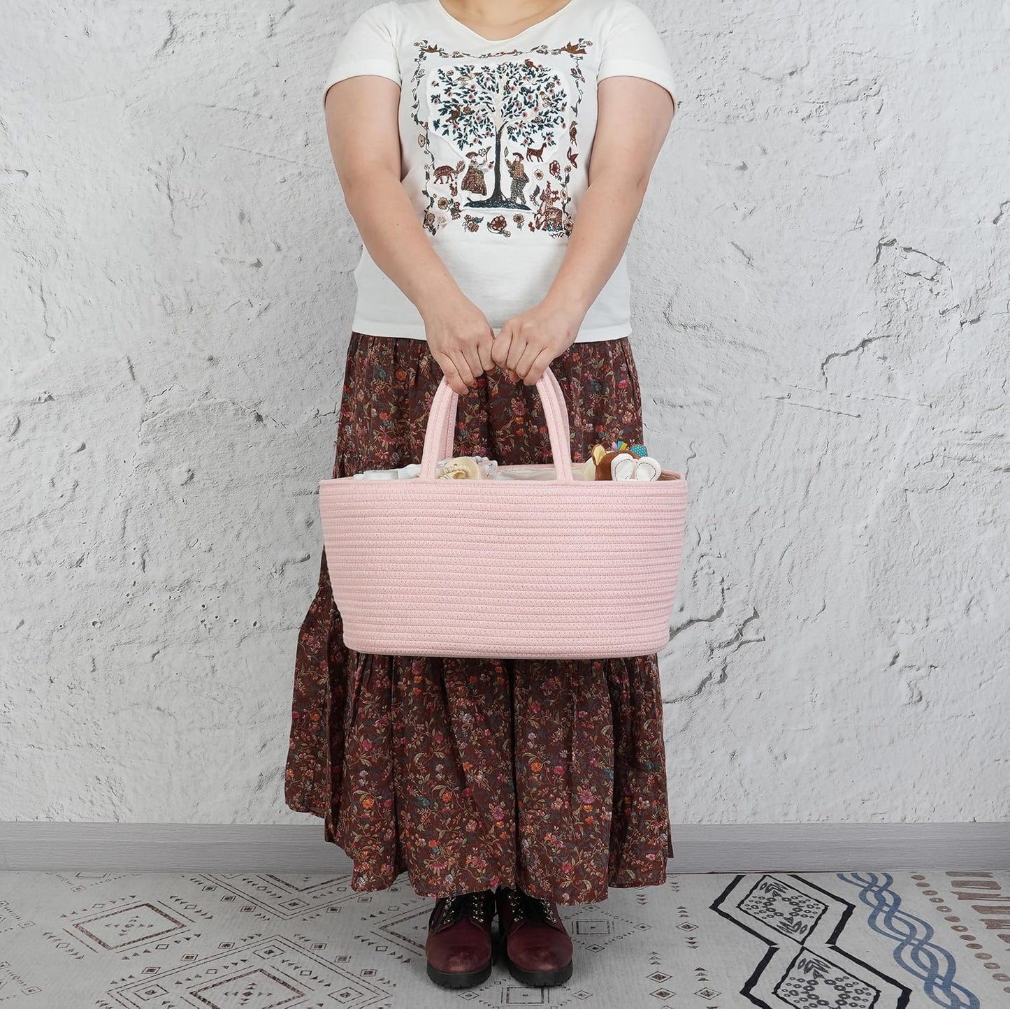 Diaper Caddy Organizer Cotton Rope Baby Basket Nursery Storage and Portable Tote Bag for Car Ideal Baby Shower Gifts and Registry Must-Have for Newborn Essentials large coral pink