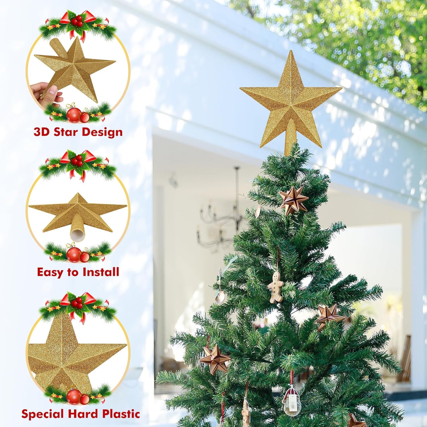 Christmas Tree Star Topper, 8" Gold Xmas Star Tree Decorations, 3D Shatterproof Bethlehem Star Tree Topper Decorations, Waterproof Christmas Tree Topper Decor for Holiday Home Outdoor Ornament