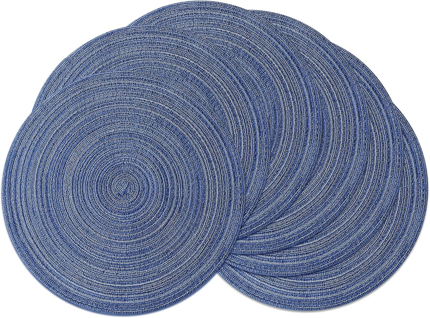 Leetaltree Round Placemats Heat and Slip Resistant Cotton Table Mats, Washable Bohemian Placemats for Dining Tables (Denim Blue, Set of 6)