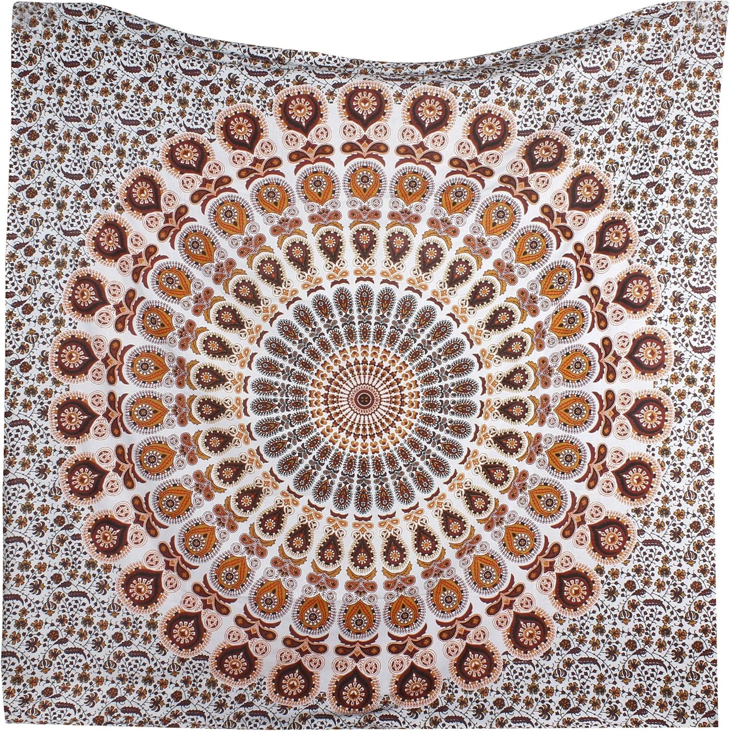 Bless International Handmade Indian hippie Bohemian Psychedelic Peacock Mandala Wall hanging College Dorm Beach Throws Table Cloth Bedding Tapestry (Orange Brown, King(88x104Inches)(225x265Cms))