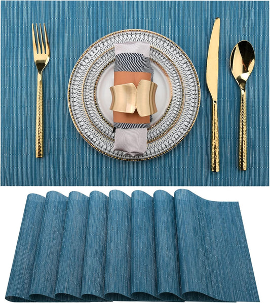 Vinyl Placemats Set of 8 - Washable Easy Clean Place Mats - Heat Resistant PVC Table Placemats - Table Mats for Dining Table 17x12 Inch (Sky Blue Turquoise, 8)
