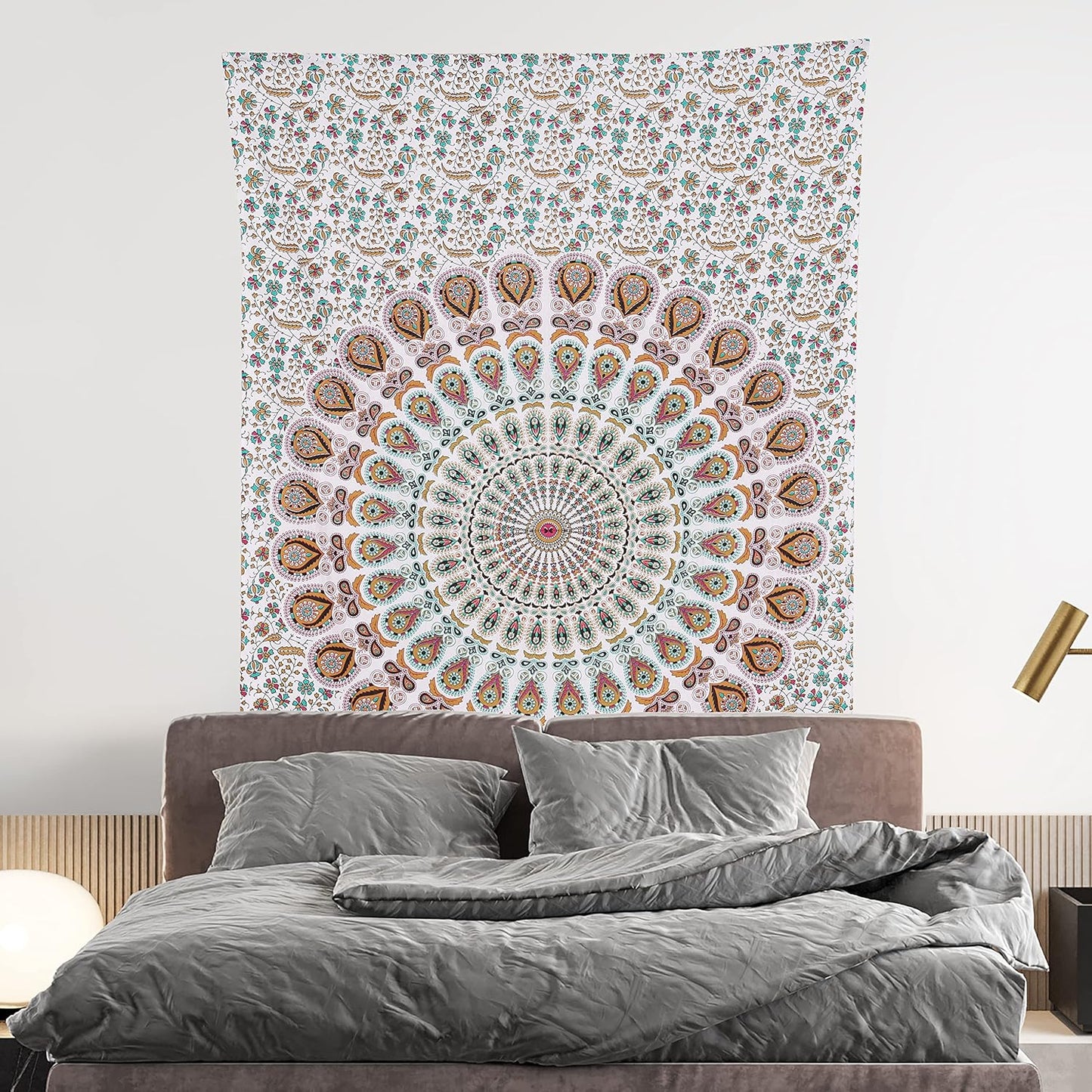 Bless International Handmade Indian hippie Bohemian Psychedelic Peacock Mandala Wall hanging College Dorm Beach Throws Table Cloth Bedding Tapestry (Floral Gold, Twin(54x72Inches)(140x185cms))